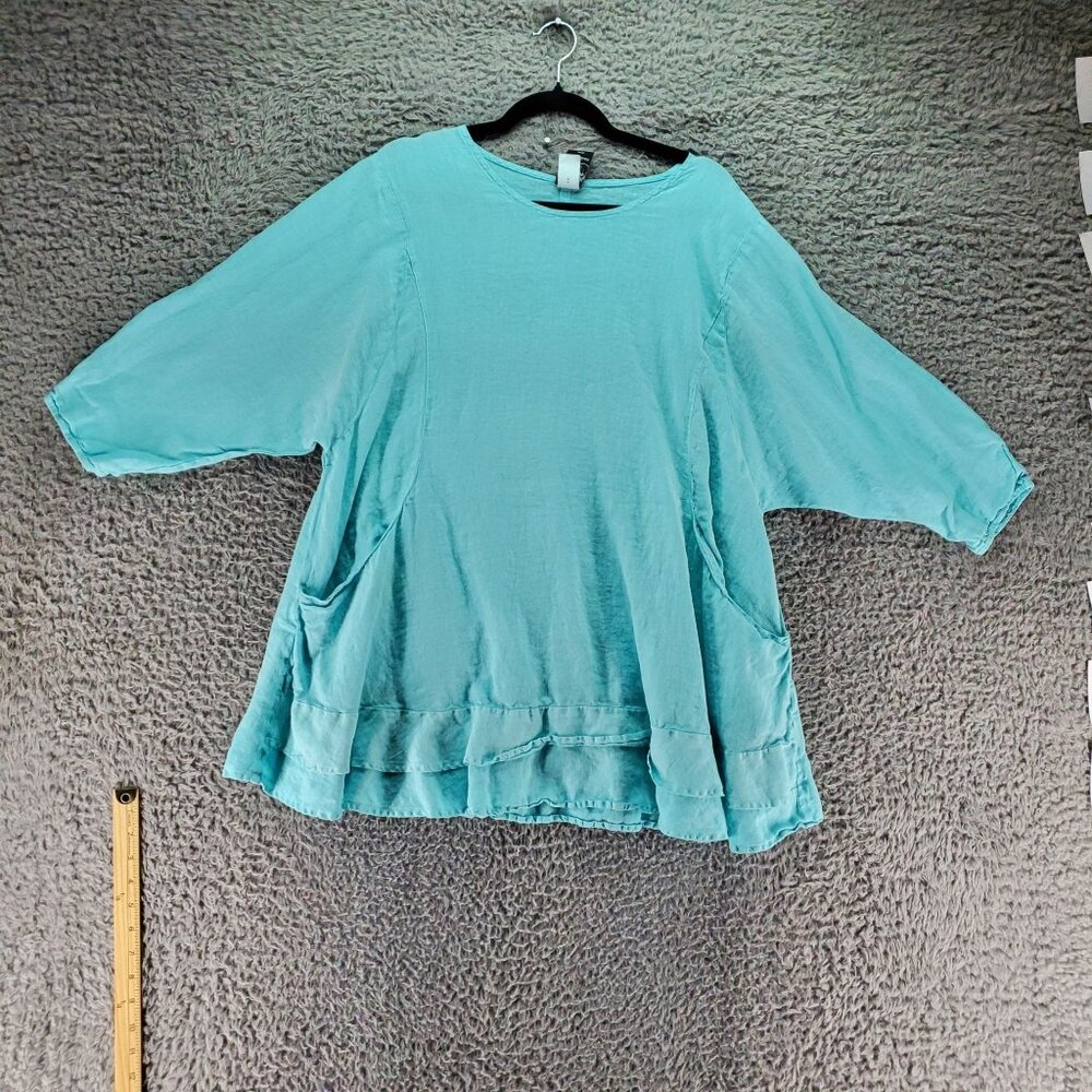 La Fixsun Top Womens Small Turquoise Blue 3/4 Sleeve Linen Tunic Blouse